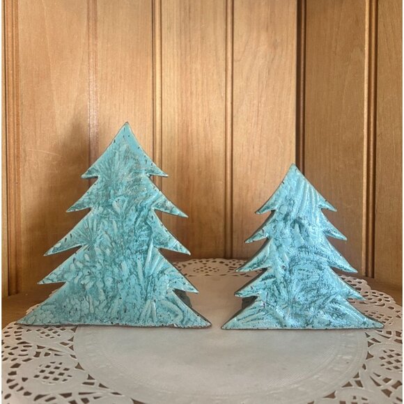 Rustic Studio Pottery Christmas Tree Holiday Tabletop Decor Set Of 2 Unique - Picture 1 of 5